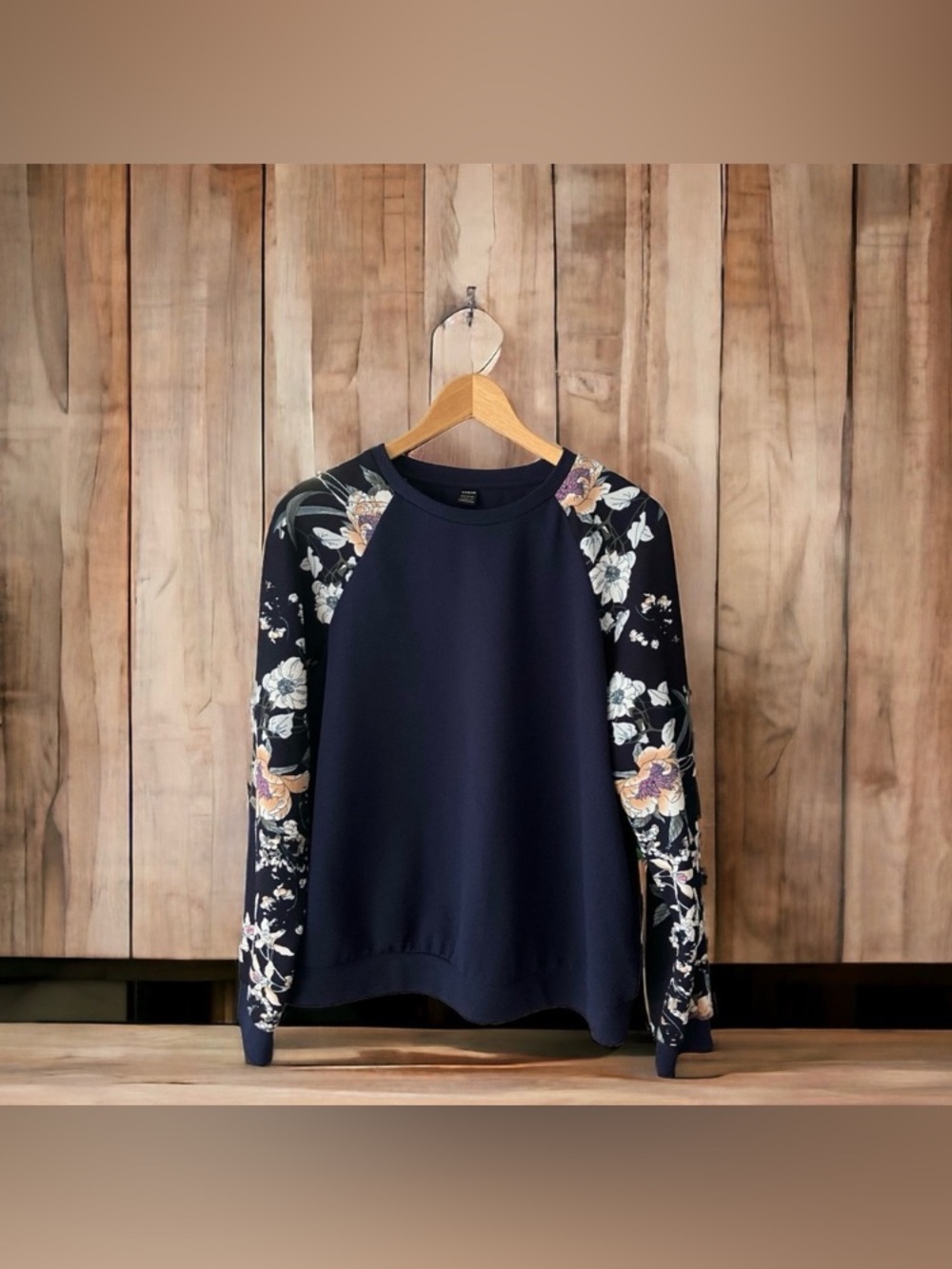NEW Shein Floral Raglan Long Sleeve Pullover Shirt Large Navy Blue Casual Comfy